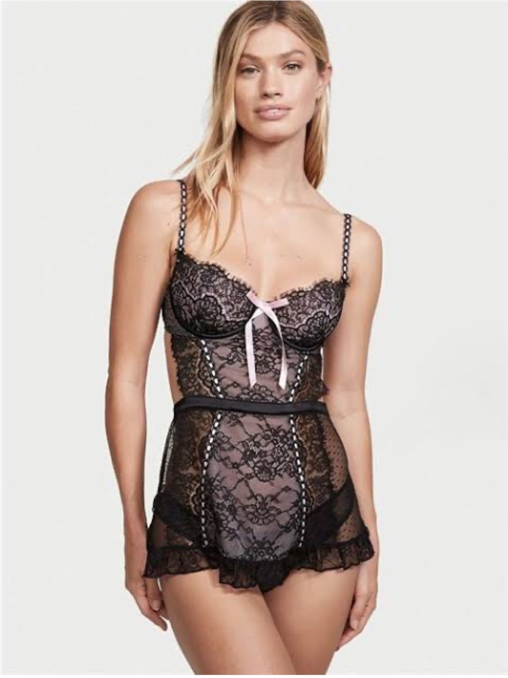 New Victoria's Secret Black Lace Chemise with Pink Ribbon. Size Sm